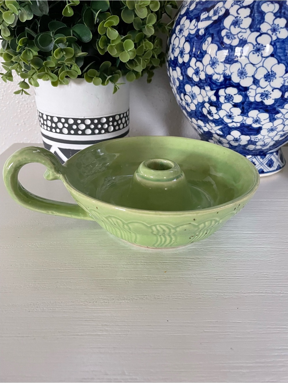 Vintage Shawnee Pottery Chartreuse Vibrant Green Ceramic Candle Holder Pottery